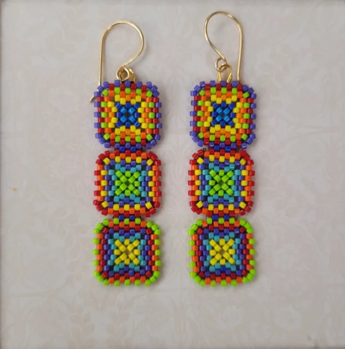 Granny Square Earrings Rainbow Bright Green